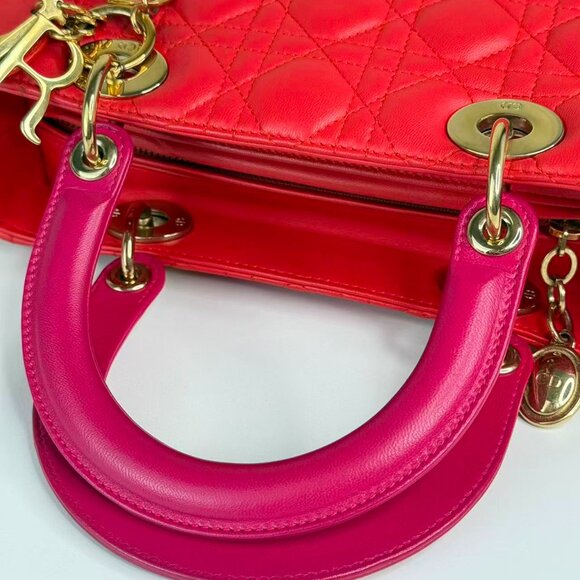 Dior Bi-Color Leather Lady Dior Medium Shoulder Bag - Red Quilted Design - Picture 8 of 10